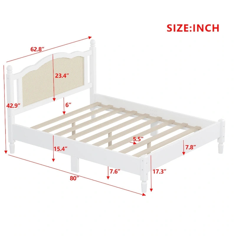 Lit plateforme Queen en bois avec tête de lit en rotin et base arquée