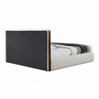 Lit plateforme King avec tête de lit haute, bouclette blanche et cadre en bois de noyer