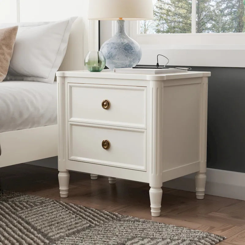 Table de chevet en bois d'hévéa massif avec ports de charge USB-A et USB-C, 2 tiroirs