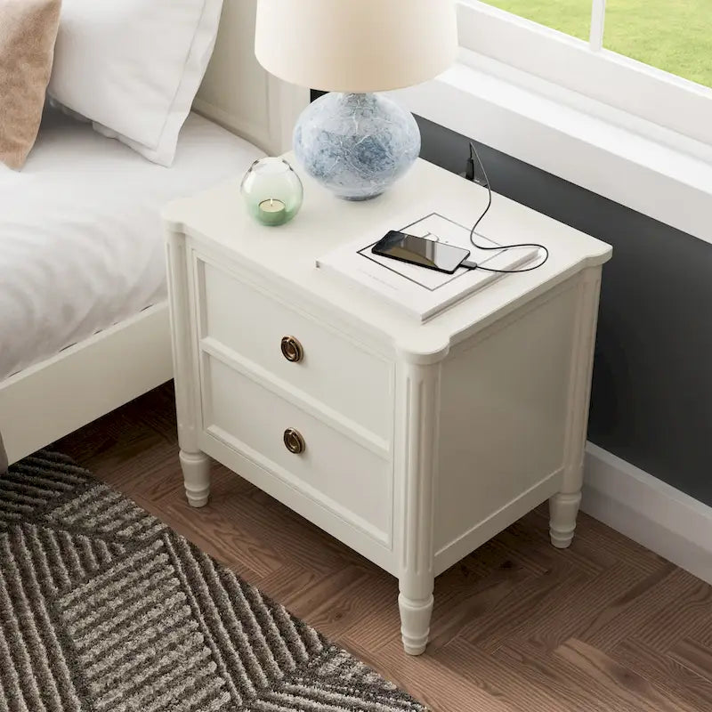 Table de chevet en bois d'hévéa massif avec ports de charge USB-A et USB-C, 2 tiroirs
