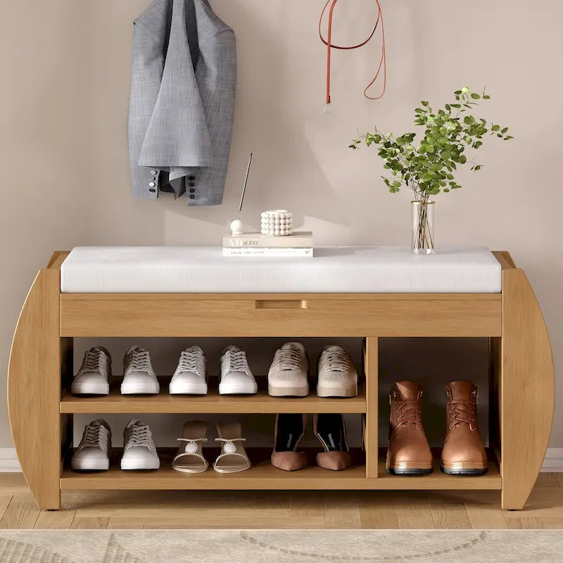 Banc de rangement rétro multifonctionnel avec coussin et panneau latéral courbé