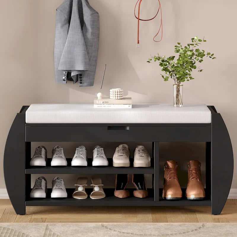 Retro Multifunctional Storage Bench with Cushion and Curved Side Panel