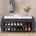 Banc de rangement rétro multifonctionnel avec coussin et panneau latéral courbé