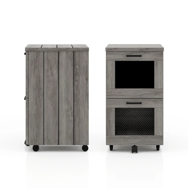 Classeur rustique gris à 2 tiroirs avec roulettes et portes grillagées