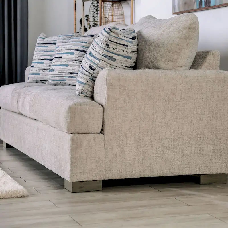 Canapé 3 places transitionnel avec accoudoirs évasés et assise à ressorts en mousse
