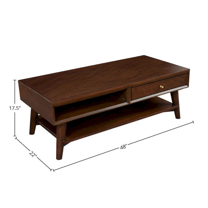 Table basse moderne du milieu du siècle avec 1 tiroir et étagère ouverte, 4 finitions au choix