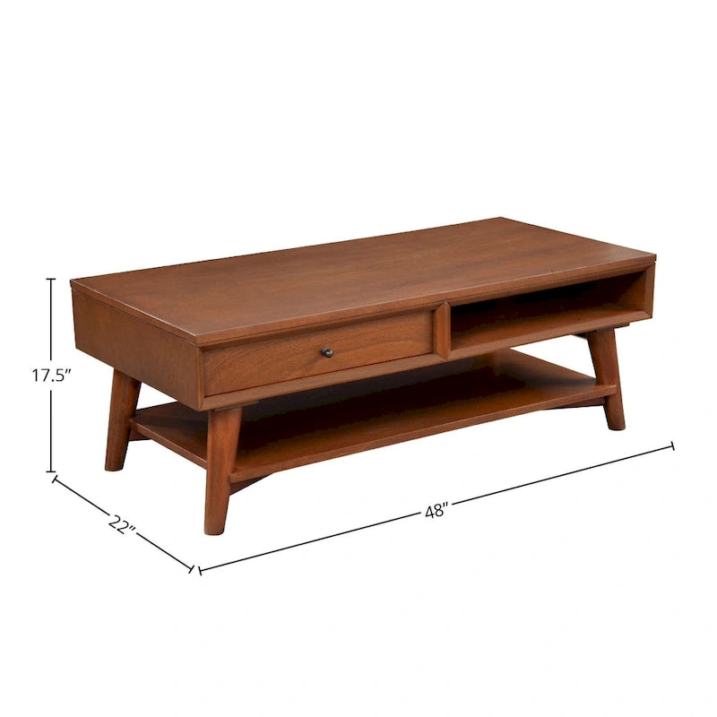 Table basse moderne du milieu du siècle avec 1 tiroir et étagère ouverte, 4 finitions au choix