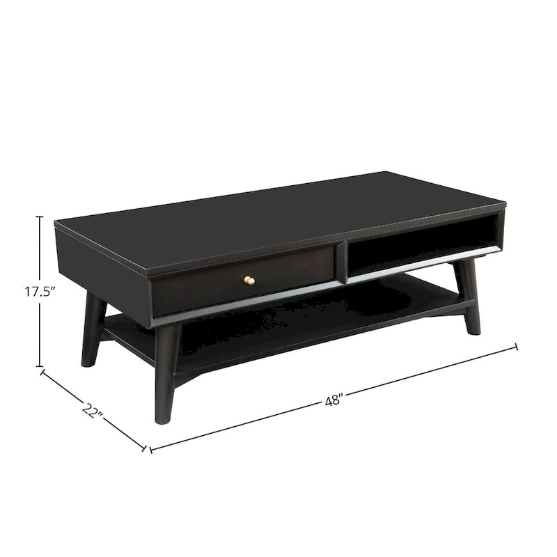 Table basse moderne du milieu du siècle avec 1 tiroir et étagère ouverte, 4 finitions au choix
