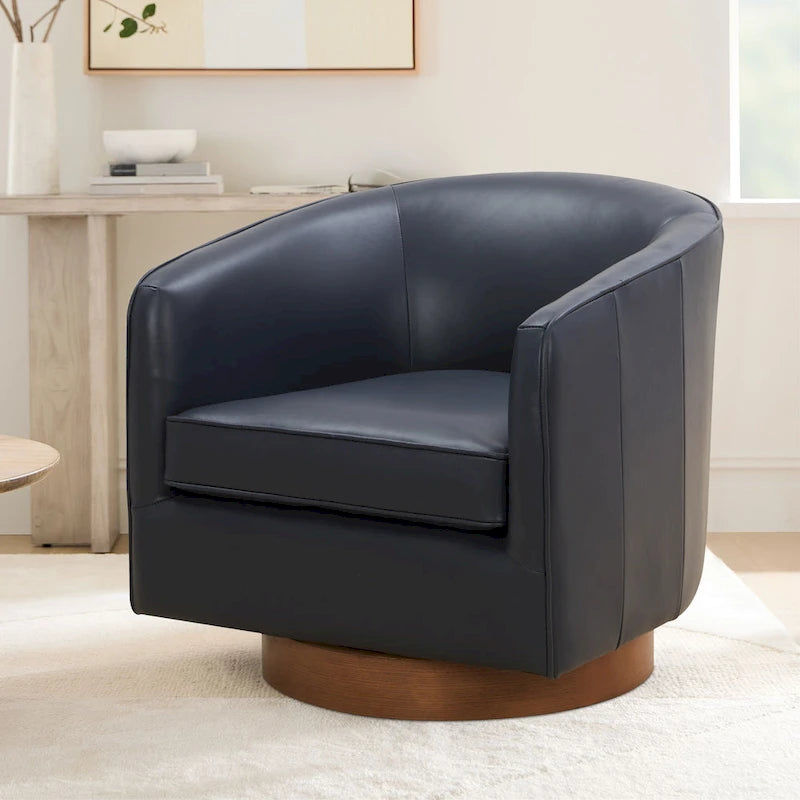 Fauteuil pivotant en cuir pleine fleur avec piètement en bois