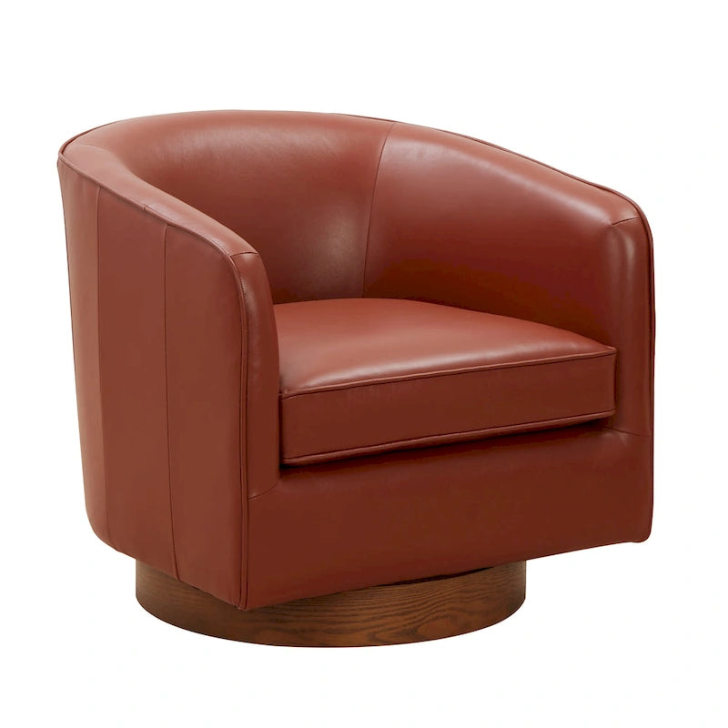Fauteuil pivotant en cuir pleine fleur avec piètement en bois