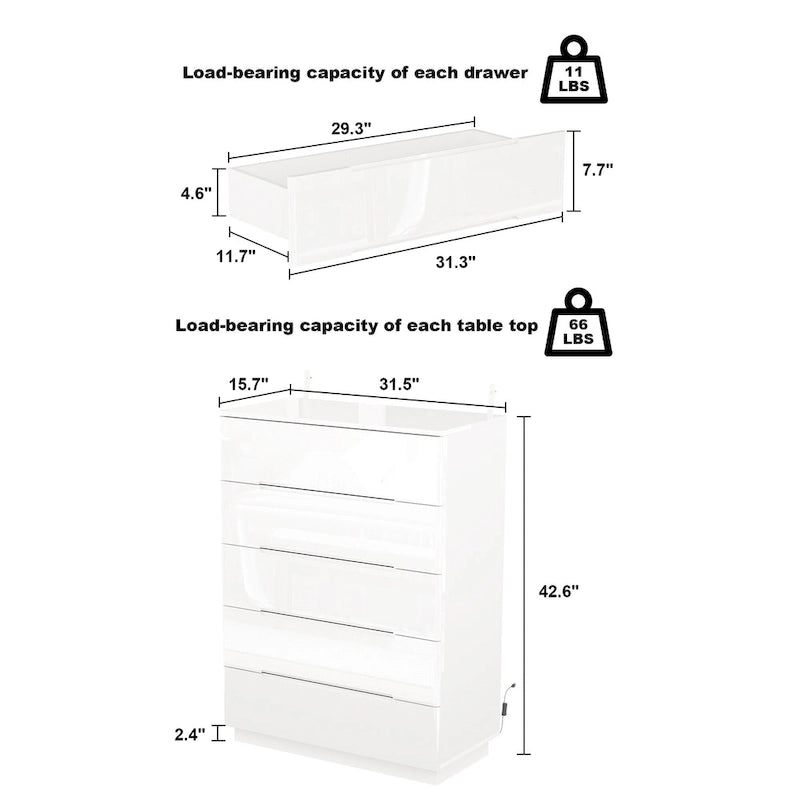 Commode haute brillance à 5 tiroirs avec éclairage LED