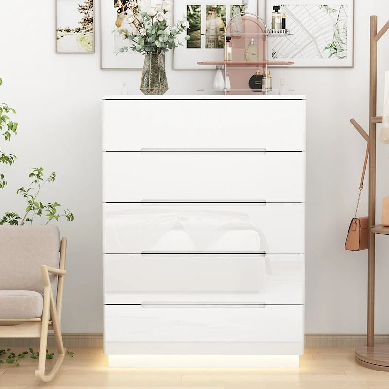 Commode haute brillance à 5 tiroirs avec éclairage LED
