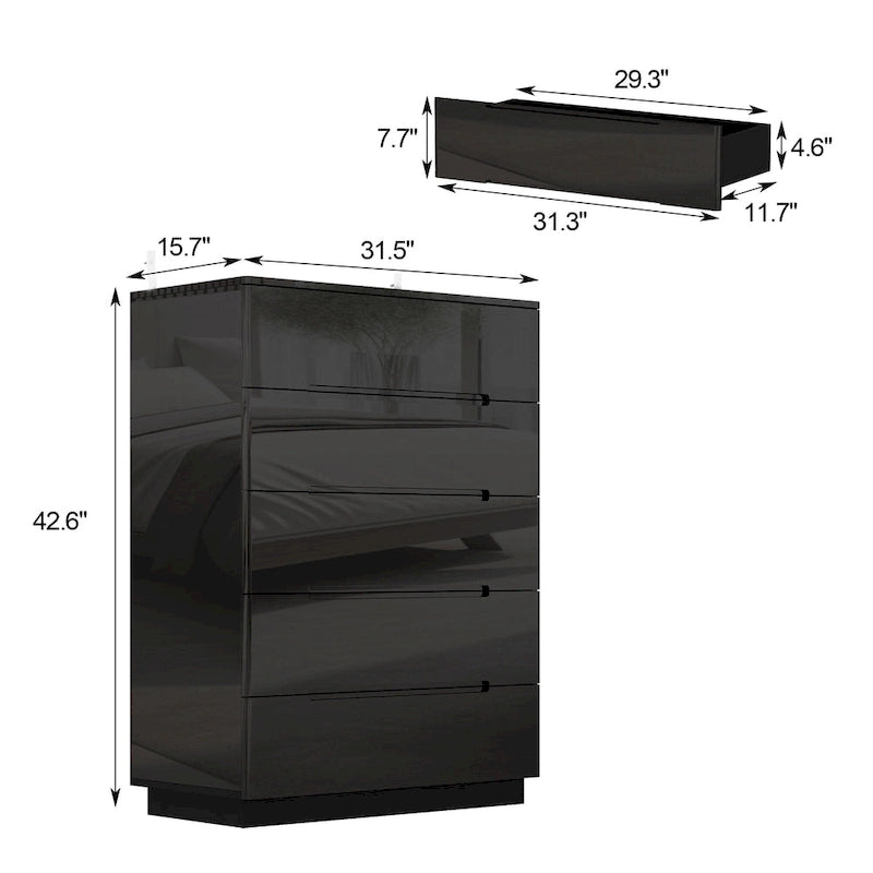 Commode haute brillance à 5 tiroirs avec éclairage LED