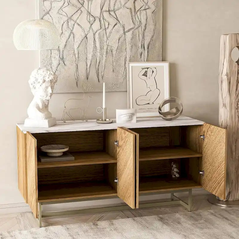 Meuble TV console et meuble TV avec portes à chevrons, plateau en faux marbre, jusqu'à 60 pouces