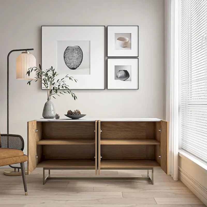 Meuble TV console et meuble TV avec portes à chevrons, plateau en faux marbre, jusqu'à 60 pouces