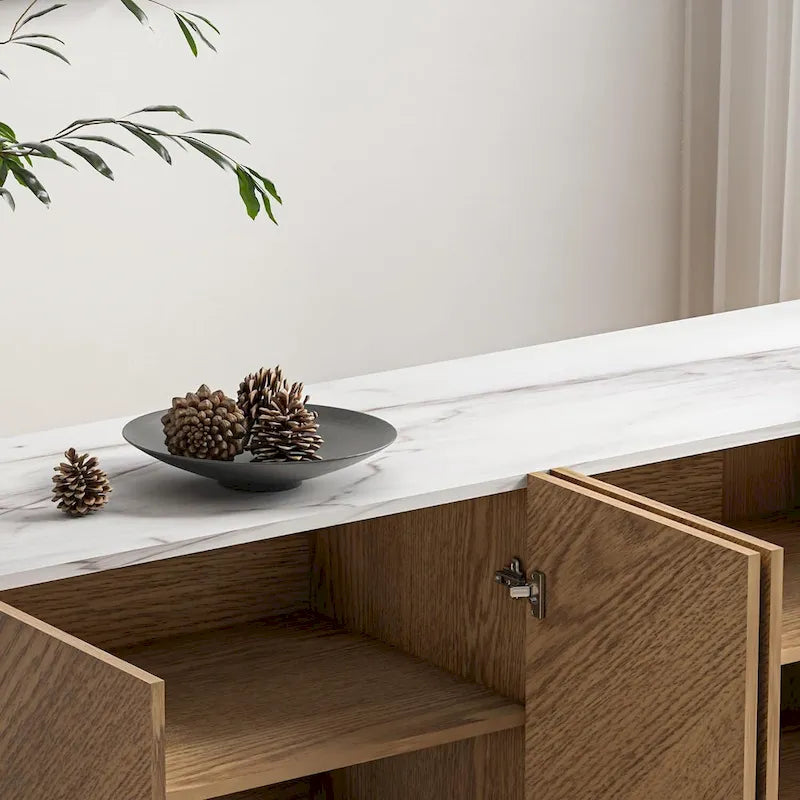 Meuble TV console et meuble TV avec portes à chevrons, plateau en faux marbre, jusqu'à 60 pouces