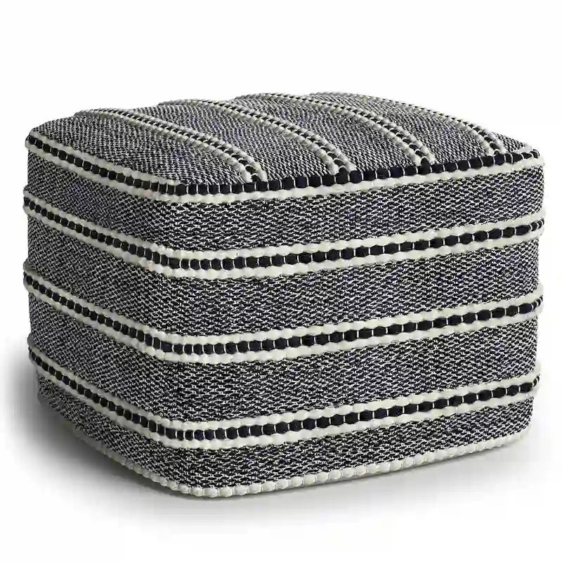 Pouf carré tressé, bleu marine et blanc, en polyester recyclé résistant à l'eau et aux UV