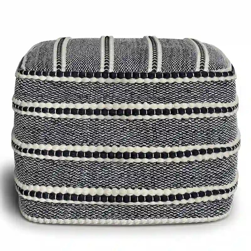 Pouf carré tressé, bleu marine et blanc, en polyester recyclé résistant à l'eau et aux UV