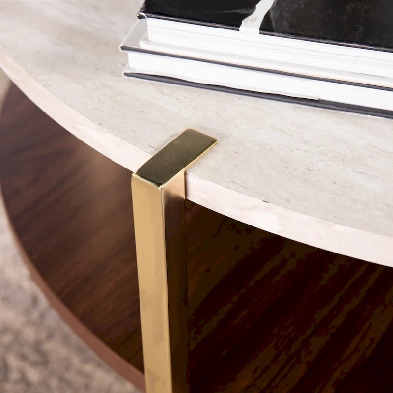 Table Basse Ronde Effet Marbre avec Base en Métal Doré, 36 Pouces