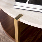 Table Basse Ronde Effet Marbre avec Base en Métal Doré, 36 Pouces
