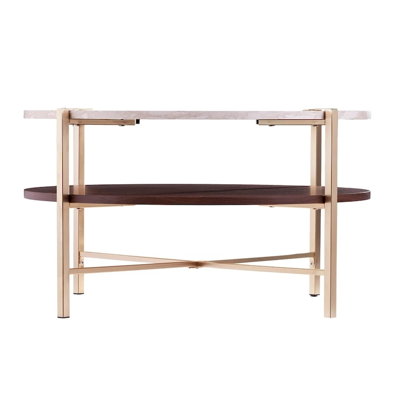 Table Basse Ronde Effet Marbre avec Base en Métal Doré, 36 Pouces