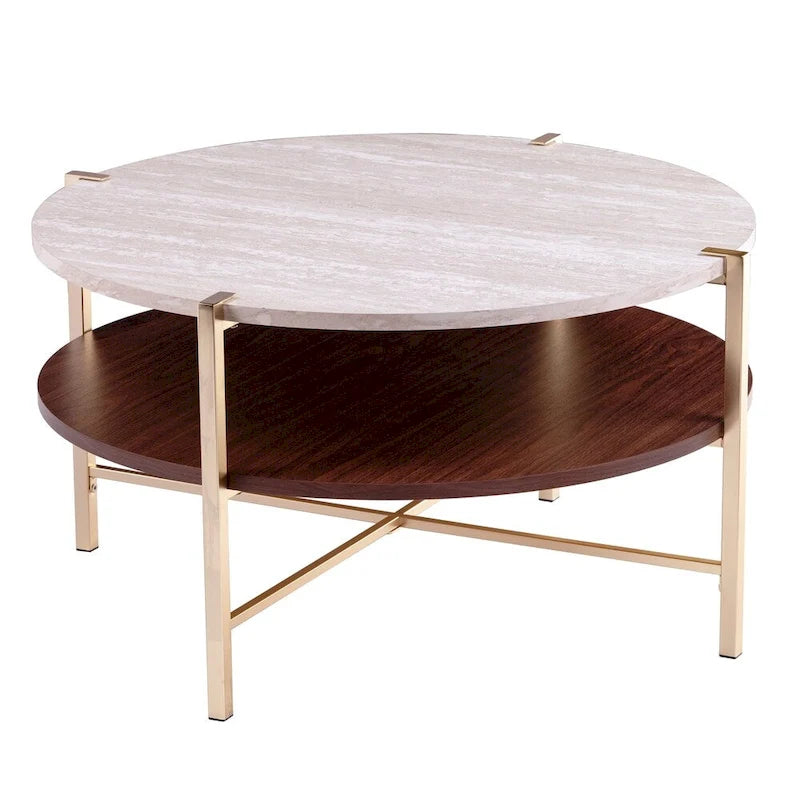 Table Basse Ronde Effet Marbre avec Base en Métal Doré, 36 Pouces