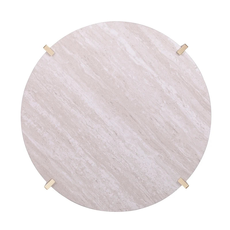 Table Basse Ronde Effet Marbre avec Base en Métal Doré, 36 Pouces
