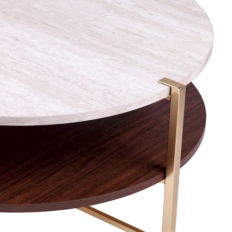 Table Basse Ronde Effet Marbre avec Base en Métal Doré, 36 Pouces