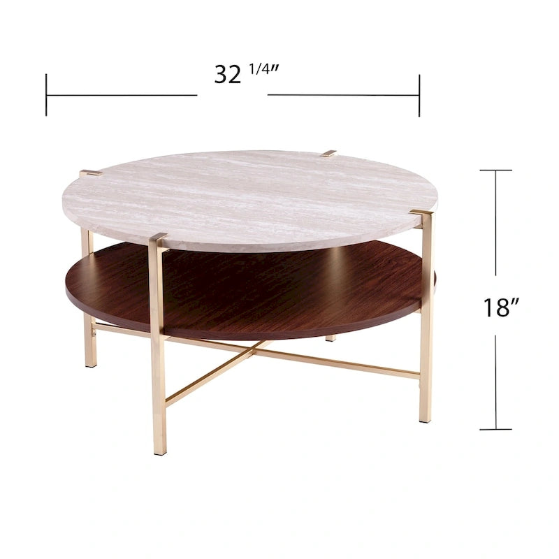 Table Basse Ronde Effet Marbre avec Base en Métal Doré, 36 Pouces