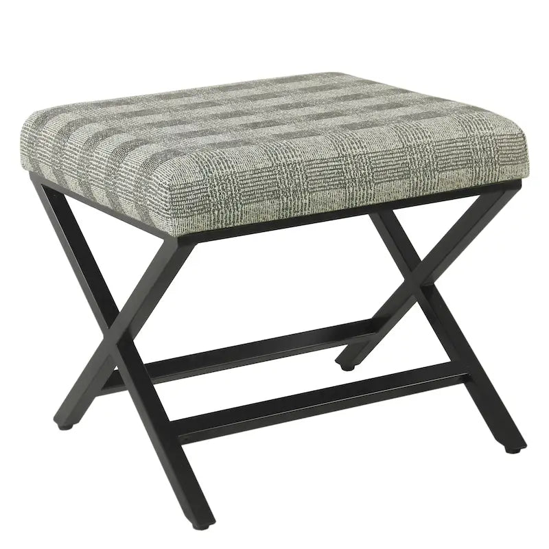 Pouf carré moderne industriel en métal avec base en X et plateau rembourré