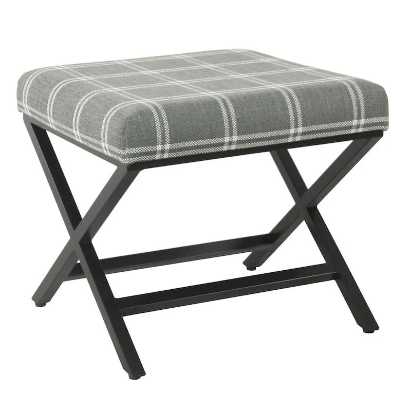 Pouf carré moderne industriel en métal avec base en X et plateau rembourré