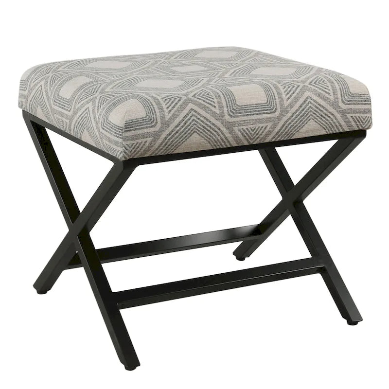 Pouf carré moderne industriel en métal avec base en X et plateau rembourré
