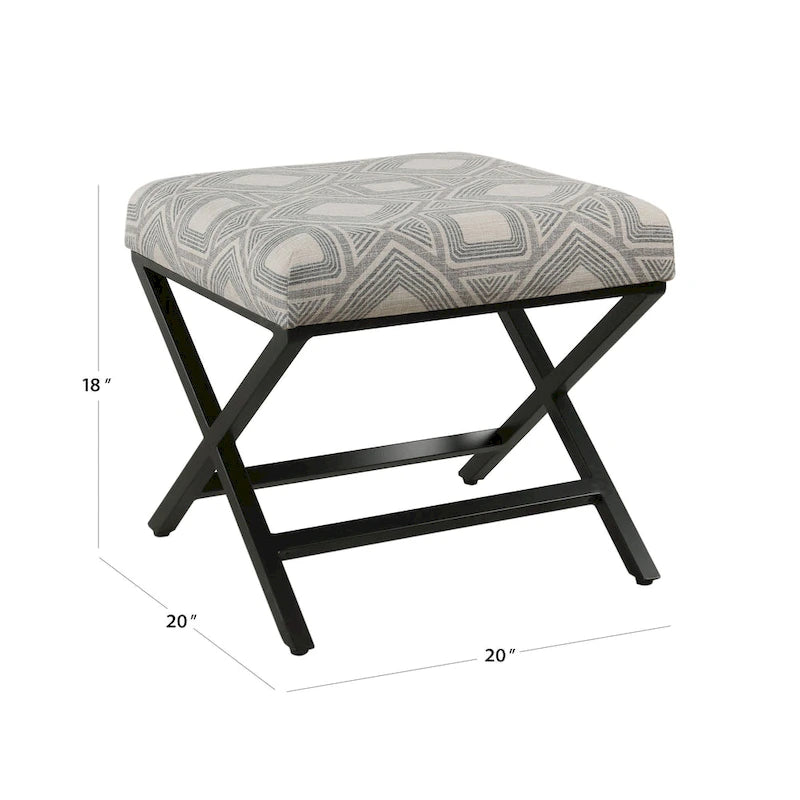 Pouf carré moderne industriel en métal avec base en X et plateau rembourré