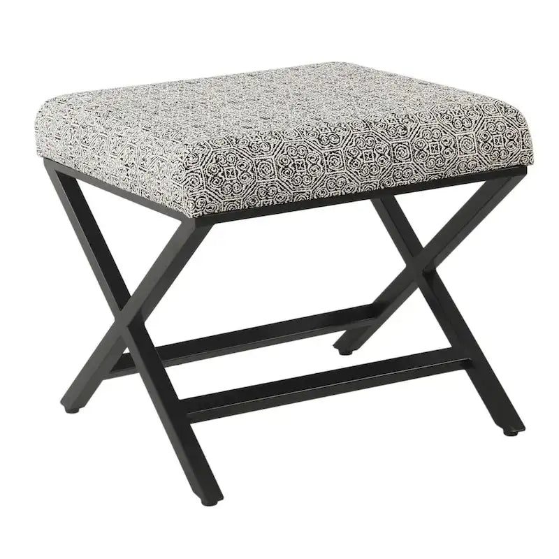 Pouf carré moderne industriel en métal avec base en X et plateau rembourré