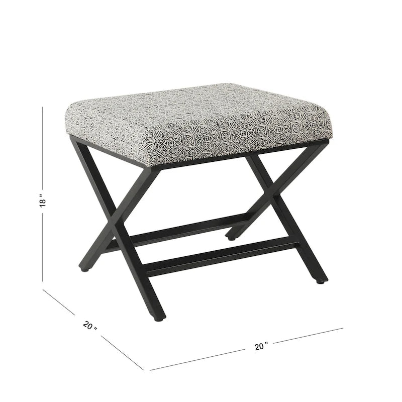 Pouf carré moderne industriel en métal avec base en X et plateau rembourré