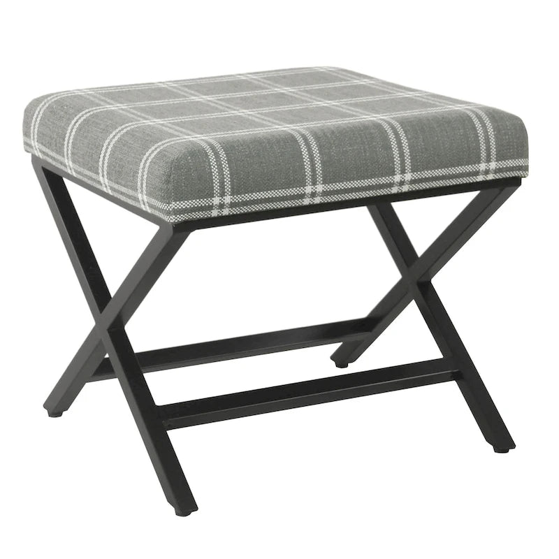 Pouf carré moderne industriel en métal avec base en X et plateau rembourré