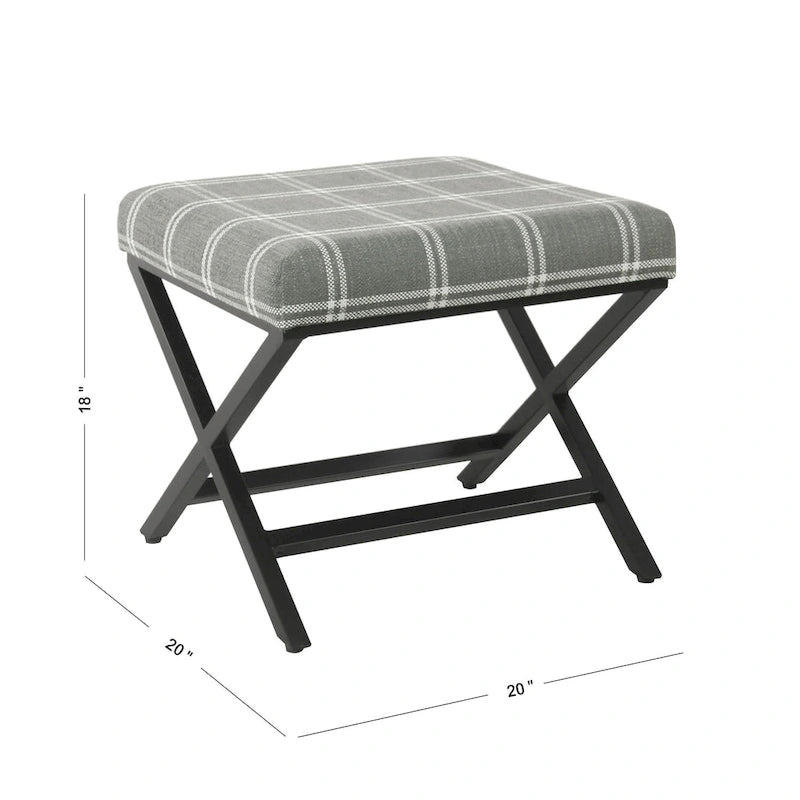 Pouf carré moderne industriel en métal avec base en X et plateau rembourré