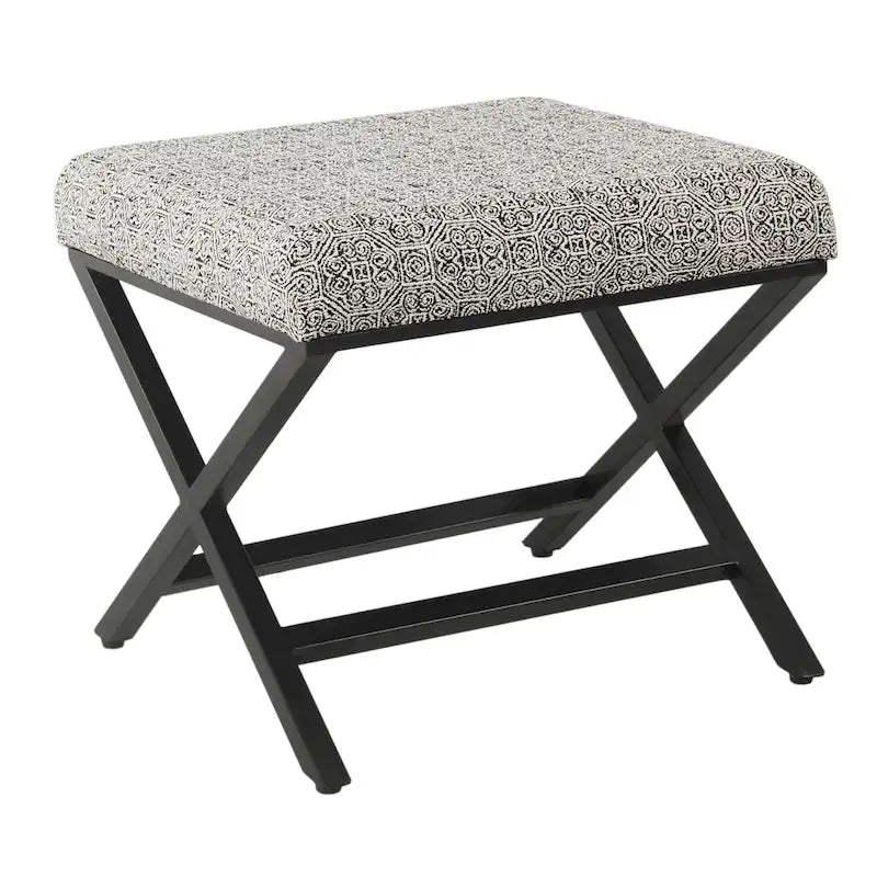 Pouf carré moderne industriel en métal avec base en X et plateau rembourré