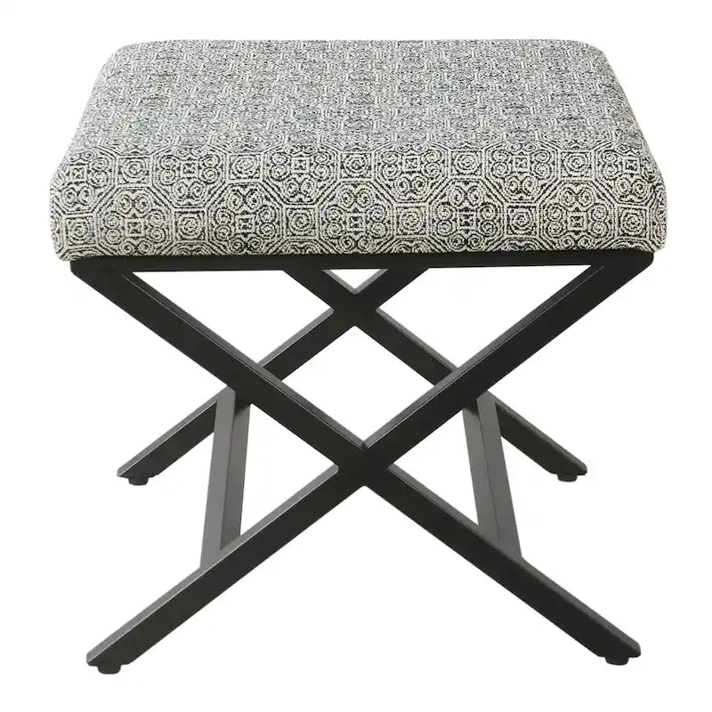 Pouf carré moderne industriel en métal avec base en X et plateau rembourré