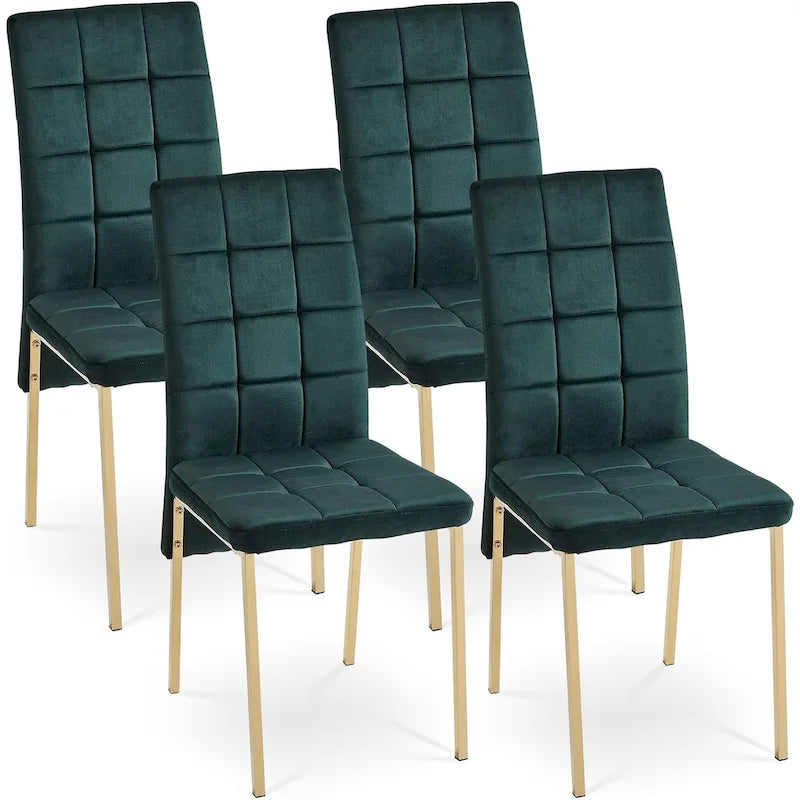 Chaise de salle à manger en velours à dossier haut avec design en queue d'hirondelle et pieds en métal doré