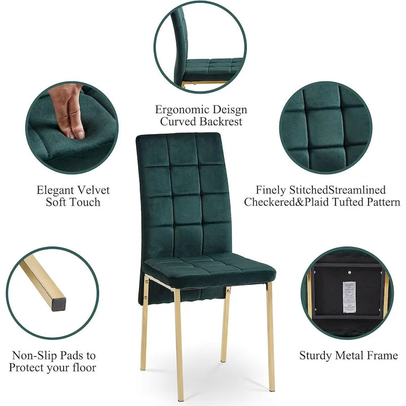 Chaise de salle à manger en velours à dossier haut avec design en queue d'hirondelle et pieds en métal doré