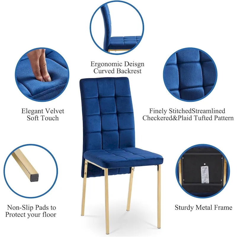 Chaise de salle à manger en velours à dossier haut avec design en queue d'hirondelle et pieds en métal doré