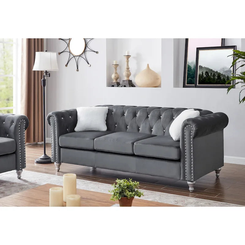 Canapé capitonné en microsuède velours avec clous décoratifs et capitonnage bijou