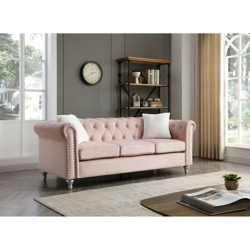 Canapé capitonné en microsuède velours avec clous décoratifs et capitonnage bijou