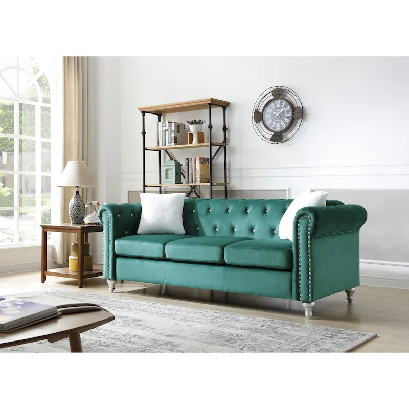Canapé capitonné en microsuède velours avec clous décoratifs et capitonnage bijou