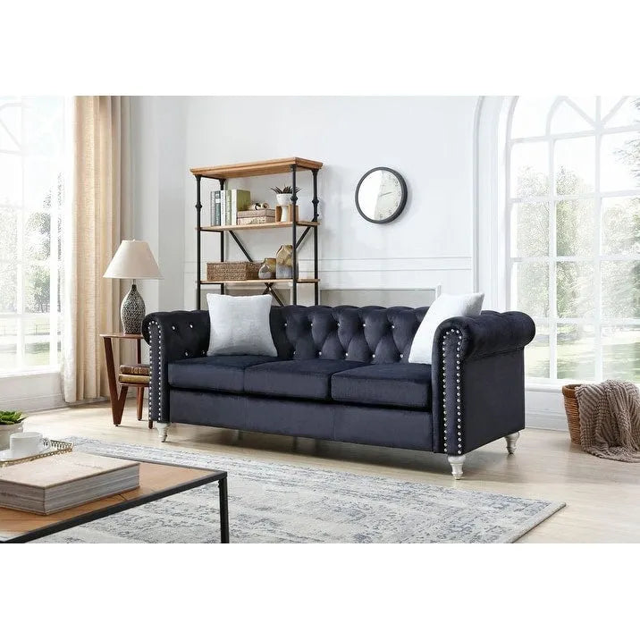Canapé capitonné en microsuède velours avec clous décoratifs et capitonnage bijou
