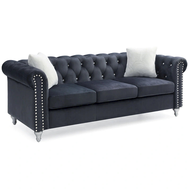 Canapé capitonné en microsuède velours avec clous décoratifs et capitonnage bijou