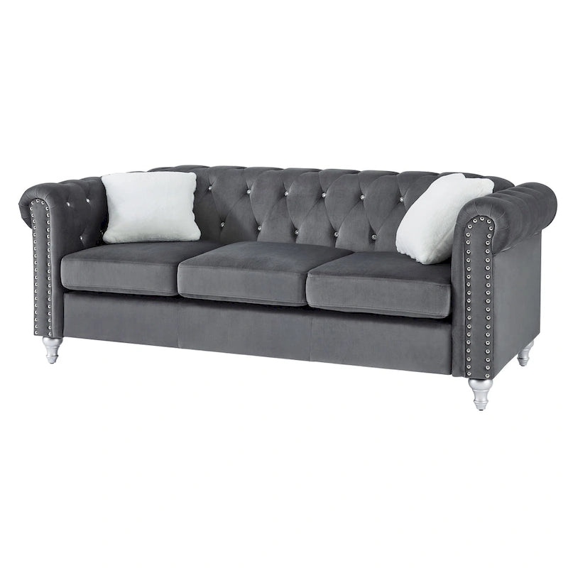 Canapé capitonné en microsuède velours avec clous décoratifs et capitonnage bijou