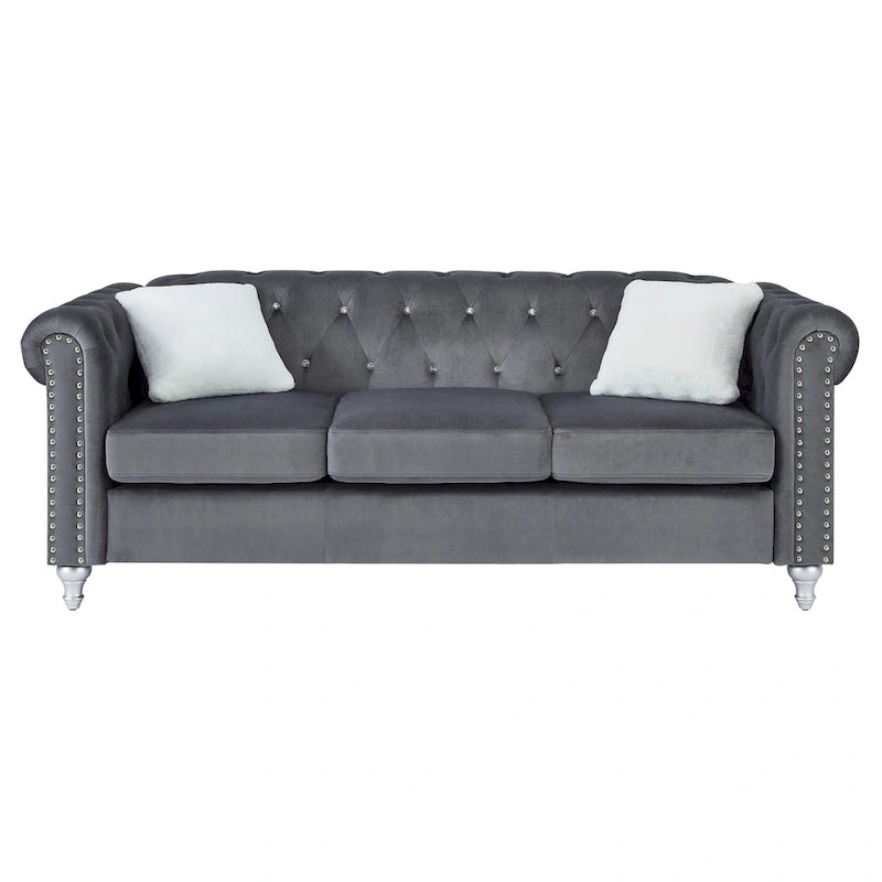 Canapé capitonné en microsuède velours avec clous décoratifs et capitonnage bijou