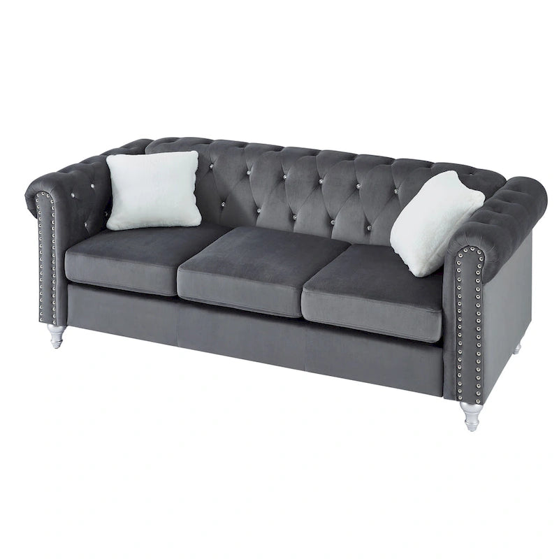 Canapé capitonné en microsuède velours avec clous décoratifs et capitonnage bijou
